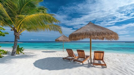 Tropical Beach Escape Sun Loungers, Thatched Umbrellas, and Turquoise Waters