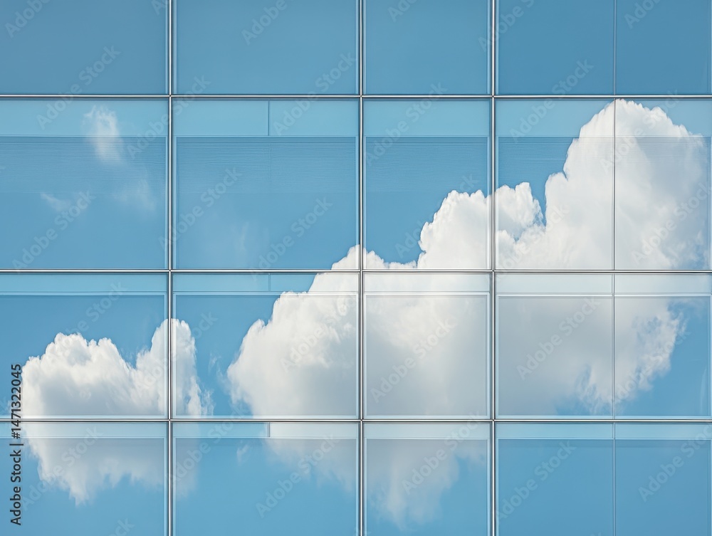 Poster Clouds reflected in glass building facade architecture modern design abstract geometric pattern aerial view cityscape urban landscape