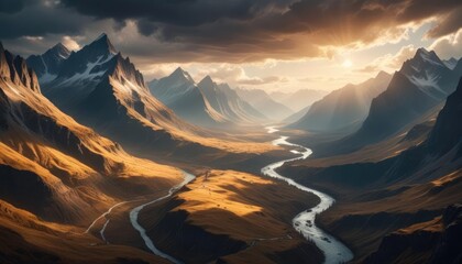 Majestic mountain valley at sunset.  A winding river flows through a golden valley, nestled between snow-capped peaks. Dramatic clouds and sunlight create a breathtaking panorama