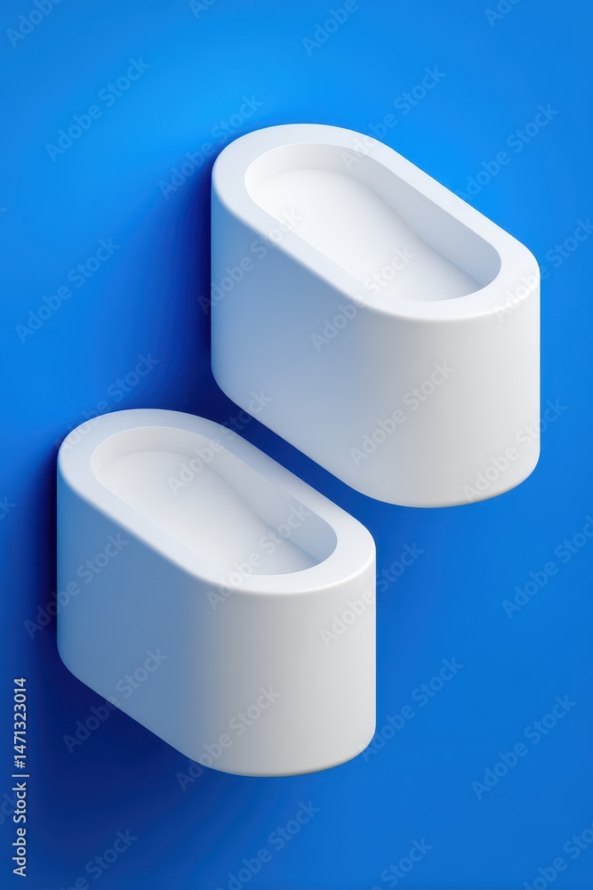 Poster two white pill shape platforms on blue background minimalist isometric presentation display mockup s