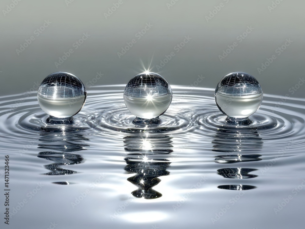 Poster Three crystal balls resting on water surface creating ripples in studio shot with reflection and light