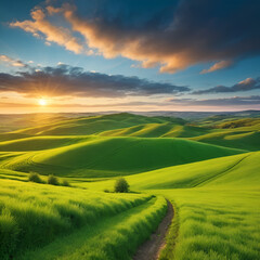 Obraz premium dramatic sunset green landscape in a spring field grassland during evening sunset with green hills and beautiful cloudy sky on background