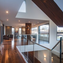 Contemporary home interior with glass railing overlooking living room with chandelier and wood floors modern design