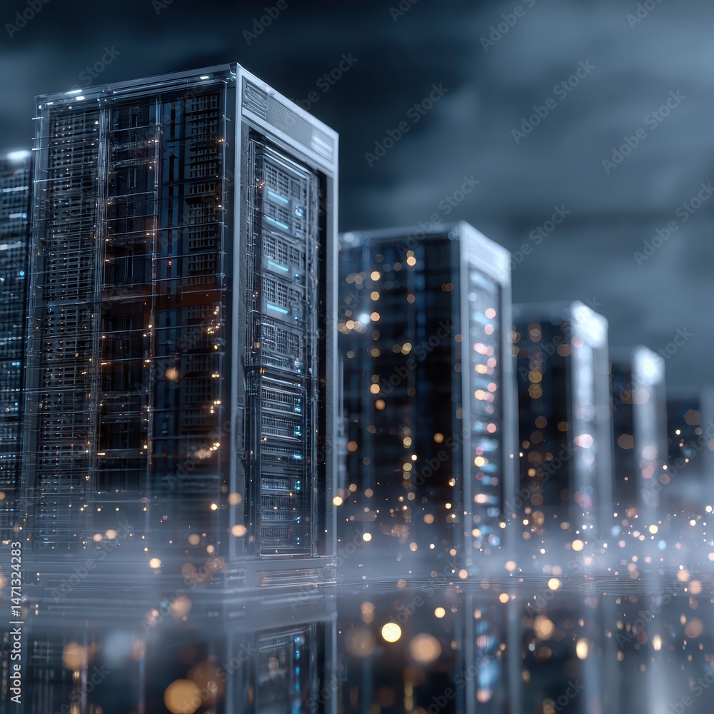 Poster Row of servers in data center reflecting lights in fog against dark sky low angle view for technology concept