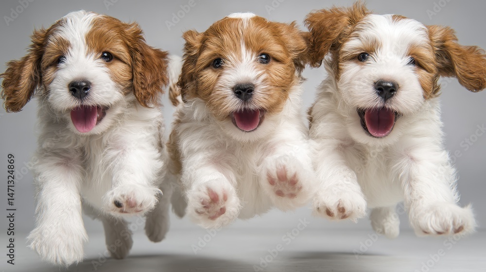 Poster Three Cavapoo Puppies Leaping Forward in Studio Shot with Happy Expressions and Playful Energy on Gray Background