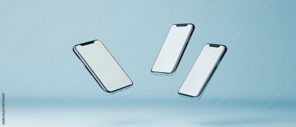 Poster three floating smartphones mockups with blank white screens on light blue background for app design 