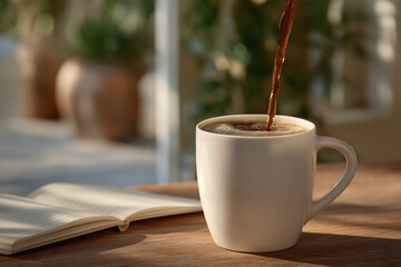 Coffee being poured into a white mug on a wooden table beside an open notebook, surrounded by greenery, creating a warm and inviting atmosphere for productivity and relaxation