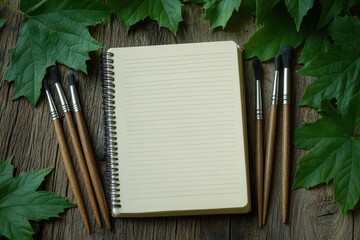 Blank notebook surrounded by paintbrushes and leaves on rustic wood