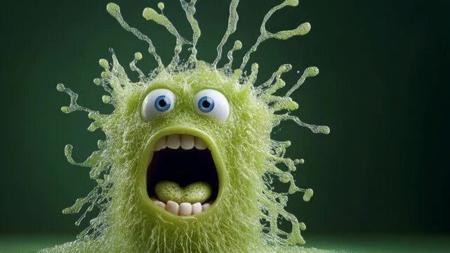 Green monster with a big mouth and eyes that are wide open. The monster is surrounded by green slime