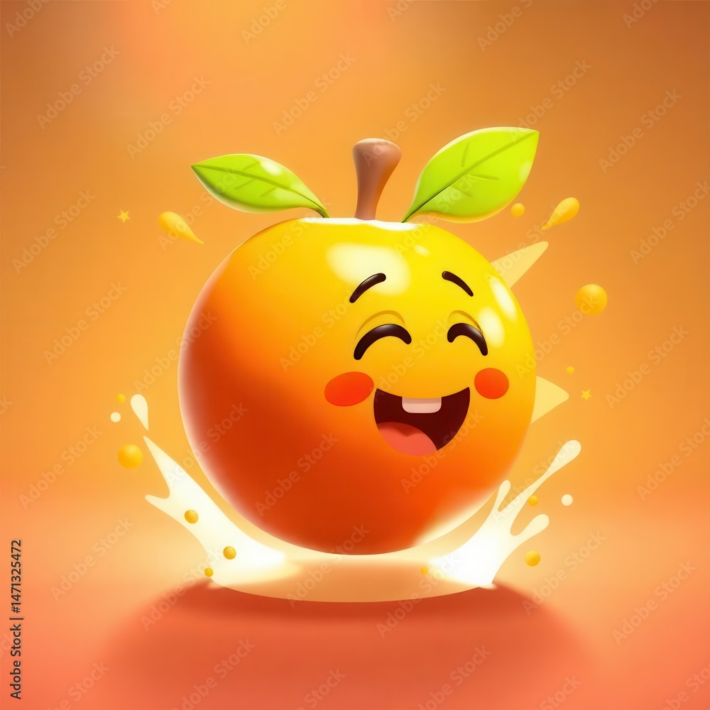 Poster happy orange character jumping with joy, splashing a refreshing burst of juice on a colorful backdro