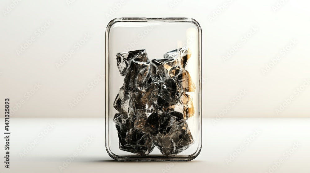 Poster freshly made ice cubes are arranged inside a clear rectangular glass container against a white neutr