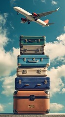 Stacked Vintage Suitcases with Colorful Design Against a Sky with Airplane