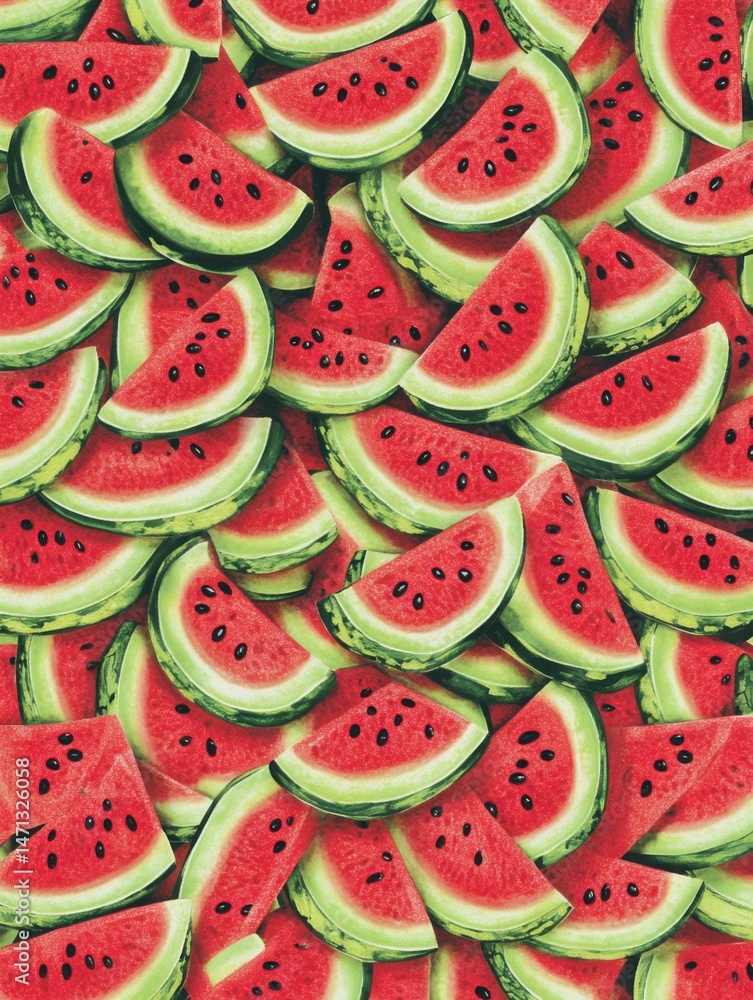 Poster abundance of watermelon slices close up overhead shot refreshing summer fruit food pattern backgroun