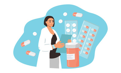 vector hand drawn illustration - doctor, tablets, pills