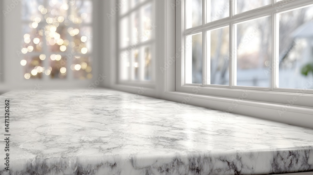 Poster marble counter by window with christmas tree lights bokeh background, winter scene, product display,
