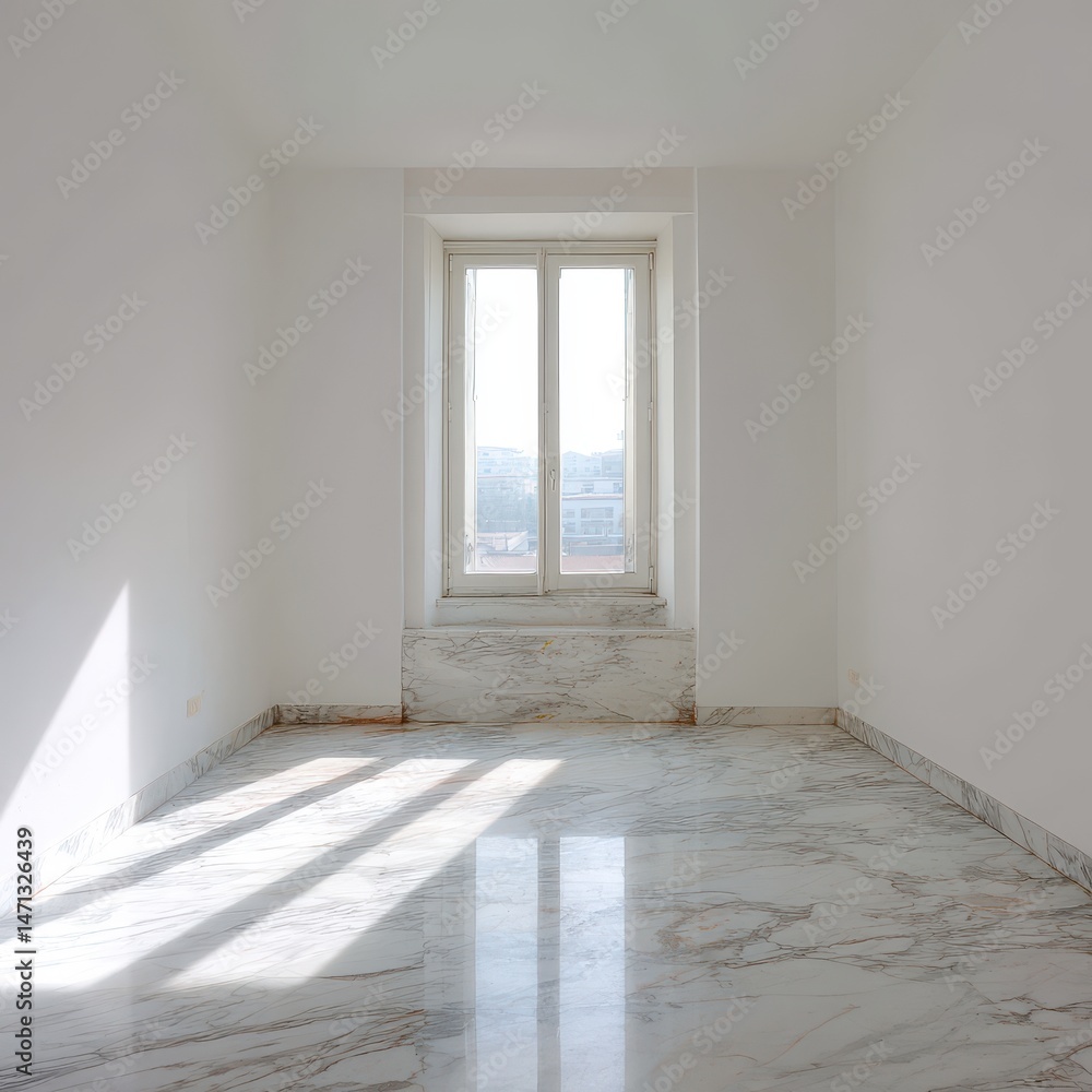Poster empty white room interior with marble floor and window casting light rays in minimalist style real e