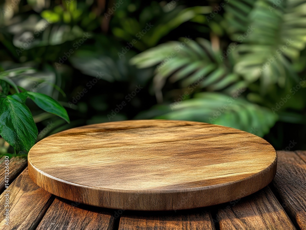 Poster wooden round platform on rustic table in tropical garden setting product display background