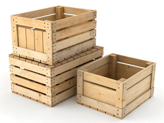 Three empty, wooden crate boxes are arranged on a white background. Three wooden crates are stacked on top of each other. with two boxes stacked on top of each other.