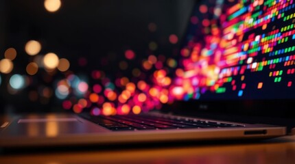 Laptop screen displays vibrant, colorful data streams, blending technology with artistic visualization.