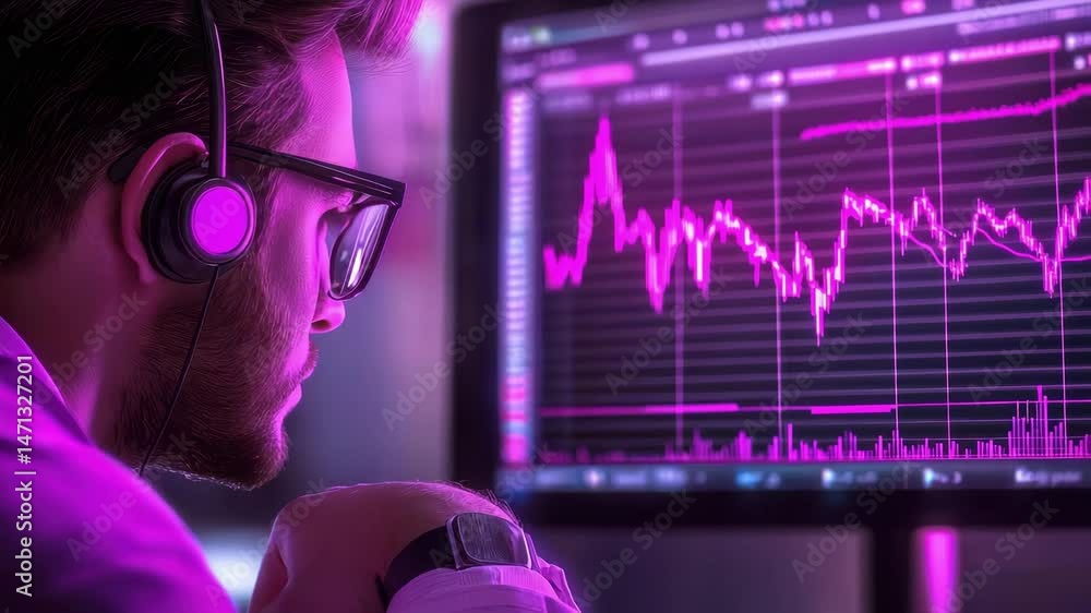 Poster focused professional analyzing data on a computer screen in a modern workspace with vibrant colors.