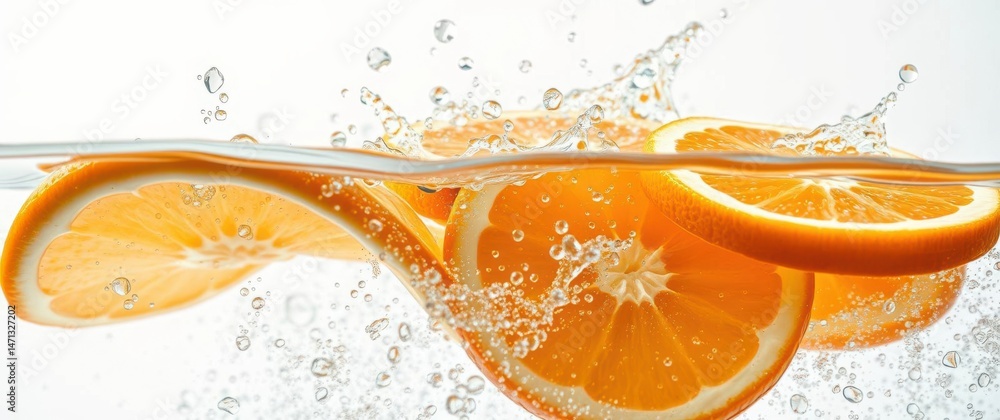 Poster orange slices splashing in water, creating a refreshing and vibrant citrus scene with water droplets