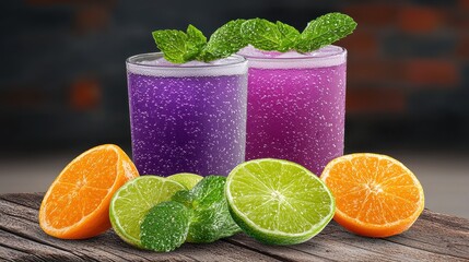 Two Purple Drinks with Mint, Oranges and Limes on Rustic Wood