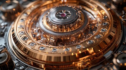 Intricate mechanical clockwork with golden and silver elements