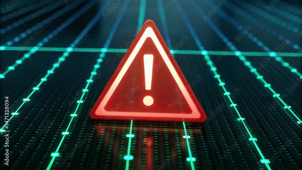 Poster a glowing red triangle symbol with an exclamation mark set over a digital matrix background.