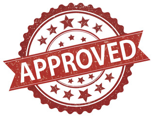Obraz premium A Red rubber stamp with the word APPROVED in bold white letters, a checkmark, and five stars isolated on transparent background.
