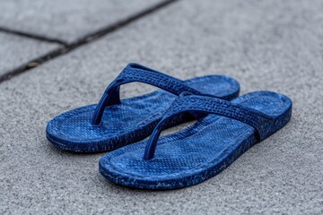 Blue flip-flops on gray pavement