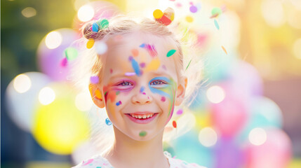 Fototapeta premium A joyful child with colorful face paint and rainbow balloons, celebrating happiness and innocence on International Children's Day.