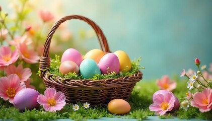 Naklejka premium Colorful Easter eggs in a basket, surrounded by spring flowers , painted, yellow, basket weave