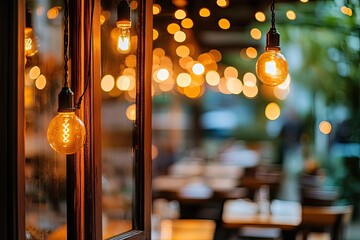 Warm cafe ambiance, vintage Edison lights