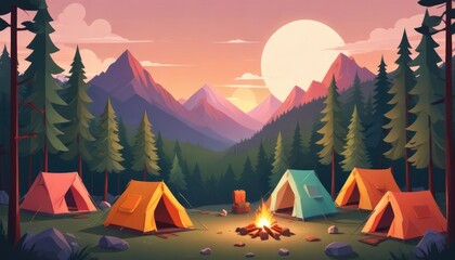 Campsite in a serene mountain forest at sunset.  Camping tents and a campfire in the foreground, surrounded by lush trees and majestic mountains