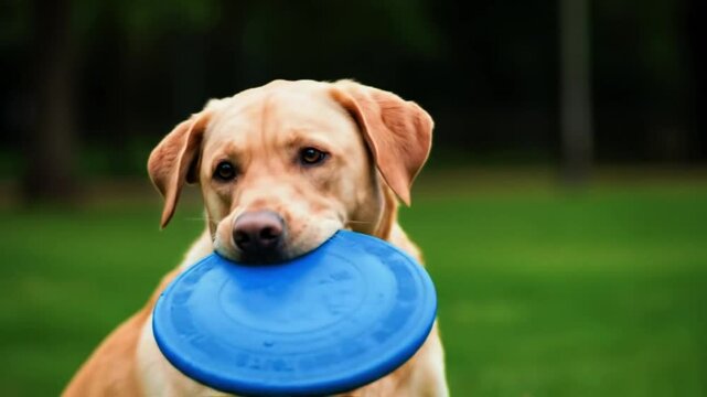Dog playing frisbee labrador retriever fetch outdoors happy pet canine friend animal park fun game