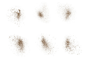 Fototapeta premium Vector realistic collection of flying vector coffee splatter isolated brown background