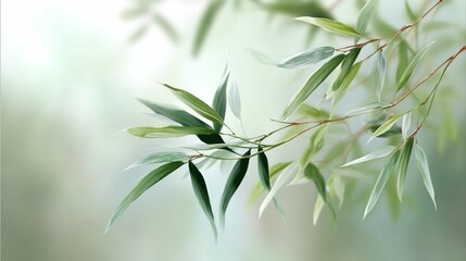 Fototapeta premium Bamboo leaves sway gently in the breeze against a soft, blurred background in a tranquil garden setting