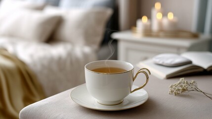 Warm cup of tea rests on bedside table in cozy room with soft candles and a book nearby