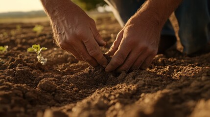 Farmer’s hands tamping soil around a young tree, ensuring it stands firm and stable.