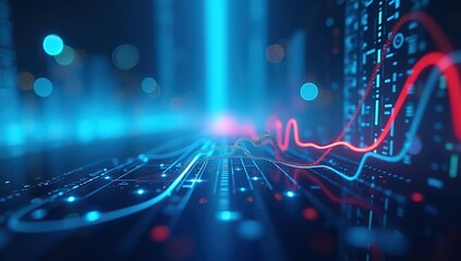 Fototapeta premium Abstract Tech Background with Futuristic Blue Gradient: Featuring Digital Mist, Sharp Glowing Shape, and Soft Lighting Effects in an Innovative and Modern Digital Atmosphere