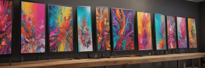 Naklejka premium Colorful art prints displayed on a discounted sale stand, display, background texture