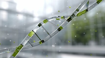 Complex structure of DNA highlighted with green elements showcasing genetic material and technology in a futuristic setting