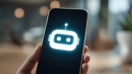 Artificial assistant in your smartphone. A person holding a mobile phone with a glowing white robot head icon on the screen. A robotic app for online chat and support in real time. AI chatbot