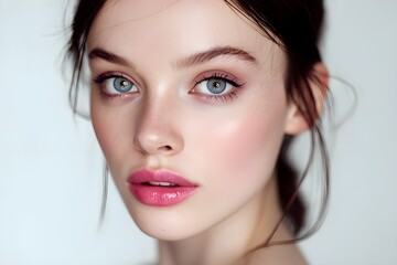 Close-up portrait of a young woman with glowing skin and natural beauty