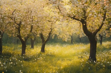 Fototapeta premium Blooming orchard under soft afternoon light in spring
