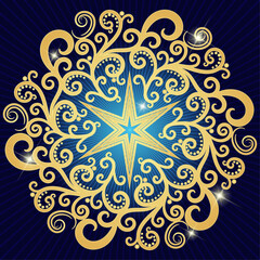 Vector golden six-pointed star symbol of the Nativity of Christ. Golden hand drawn snowflake on dark background with rays
