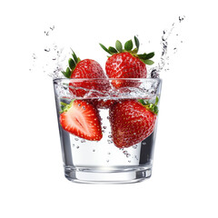 Fresh Strawberries Splashing in Clear Water Glass for Refreshing Summer Drink on transparent background