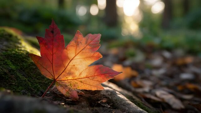 A vibrant maple leaf on a forest floor at sunset