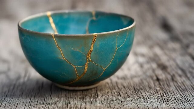 Ateal ceramic bowl featuring kintsugi art on a wooden table