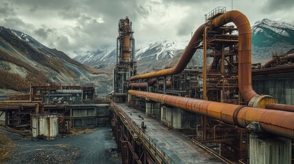 A rusted industrial complex nestled in a mountain valley.